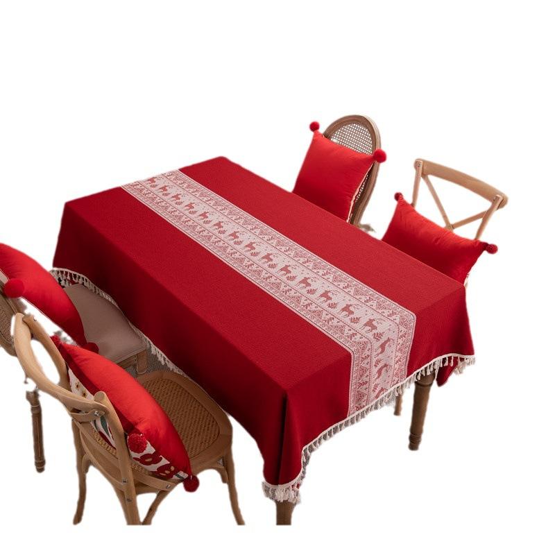 Red Christmas Deer Christmas Ball Polyester Jacquard Retro Fringed Tablecloth Coffee Table Dining Table Cloth Cover Towel