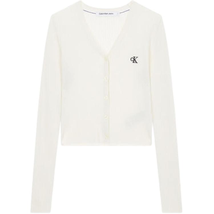 Calvin Klein Jeans Letter Jacquard V-Neck Long Sleeve Knit Top Women Tops Off-White J224287 XS
