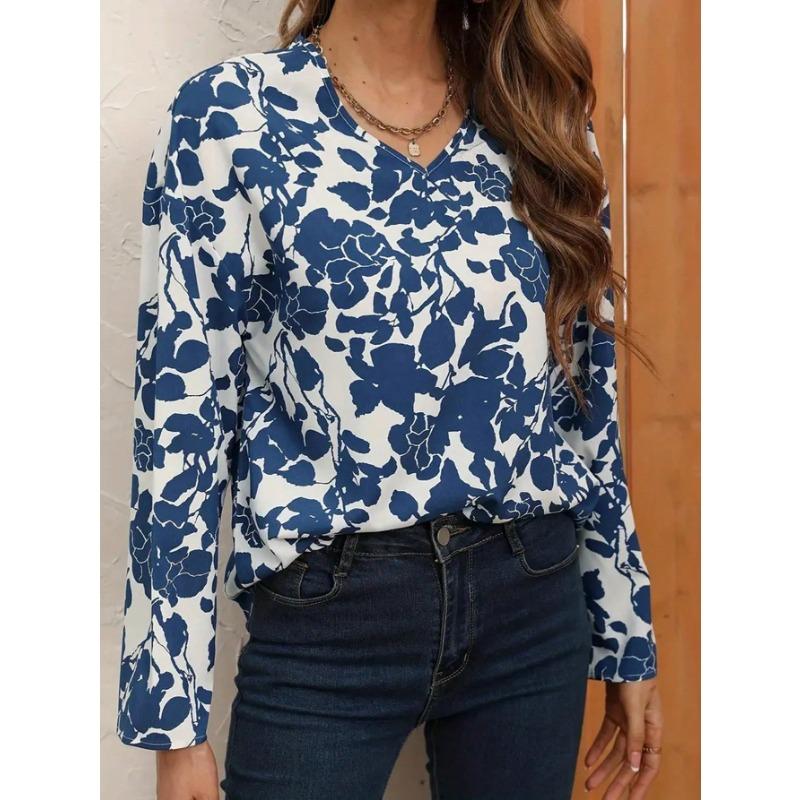 Spring Summer Women s Long Sleeved with V-neck Patchwork T-shirt Women Fashion Printing T-shirt S