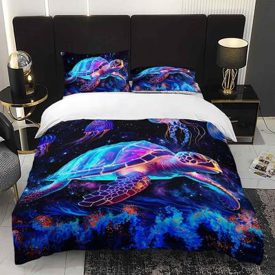 3pcs Neon Glowing Sea Turtle Bedding Duvet Cover Set Ocean Turtle Bedding Quilt Set Underwater Themed Bed Quilt Set Cosmic Ocean