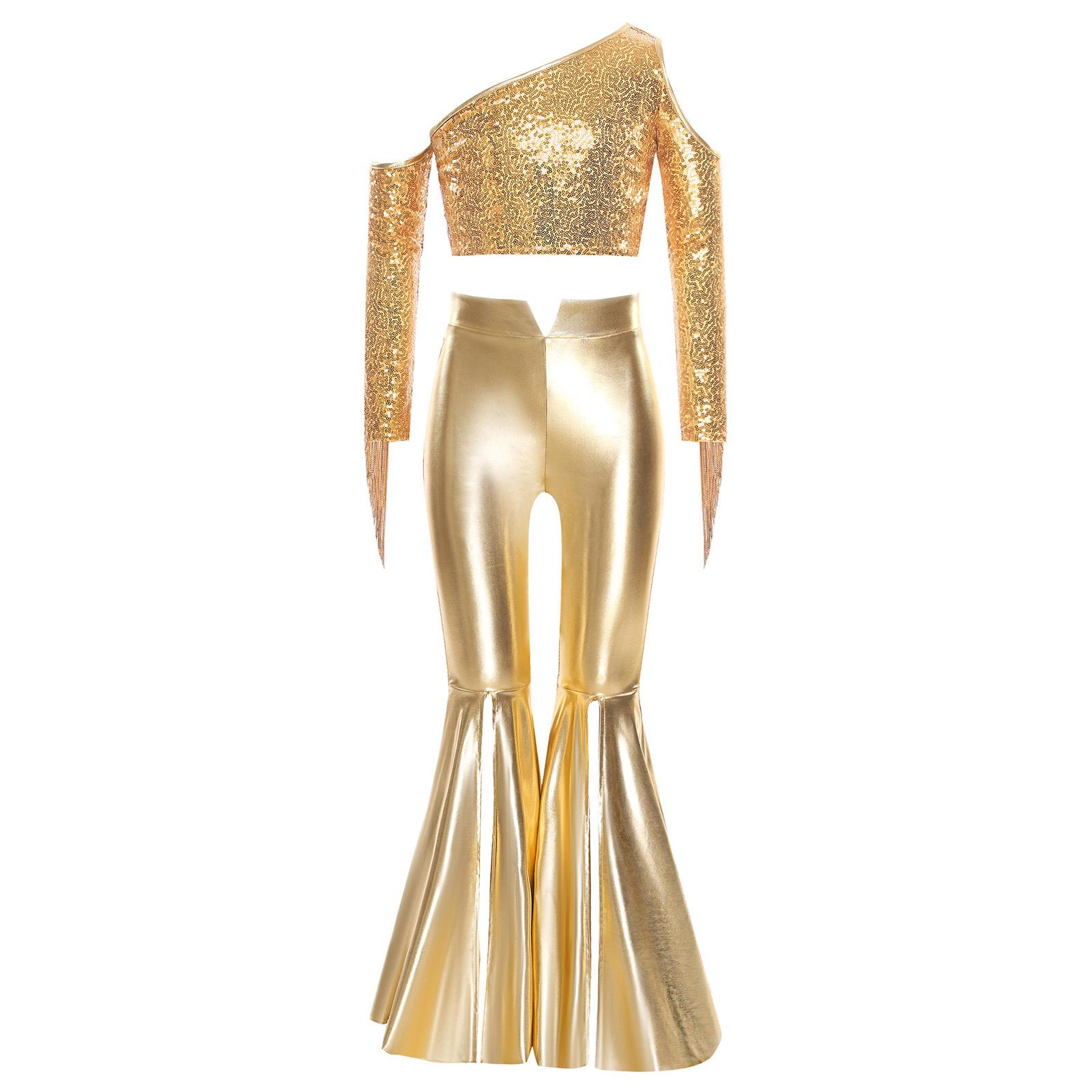 

Костюм для виступу на конкурсі краси для дівчаток з одним плечем, довгим рукавом, китицями, блискучими паєтками, кроп-топом з розрізом та штанами-кльош золотий