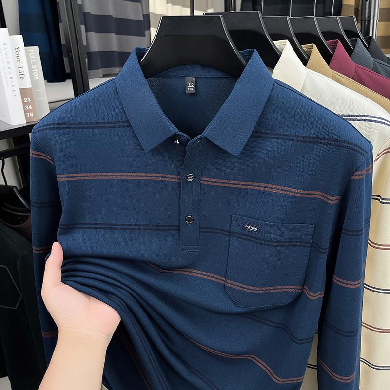 Men S Striped Long Sleeve Polo Shirt For Middle Aged Spring Autumn