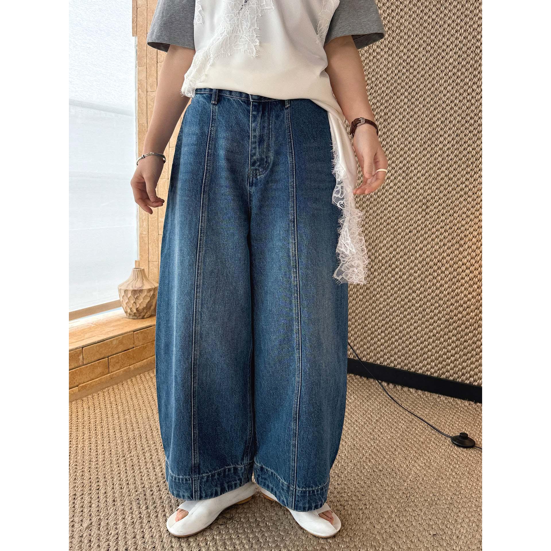 

Louvre Spring Japanese Style Wide-Leg Scimitar Arc Jeans - Women s Cropped Loose Fit Large синий