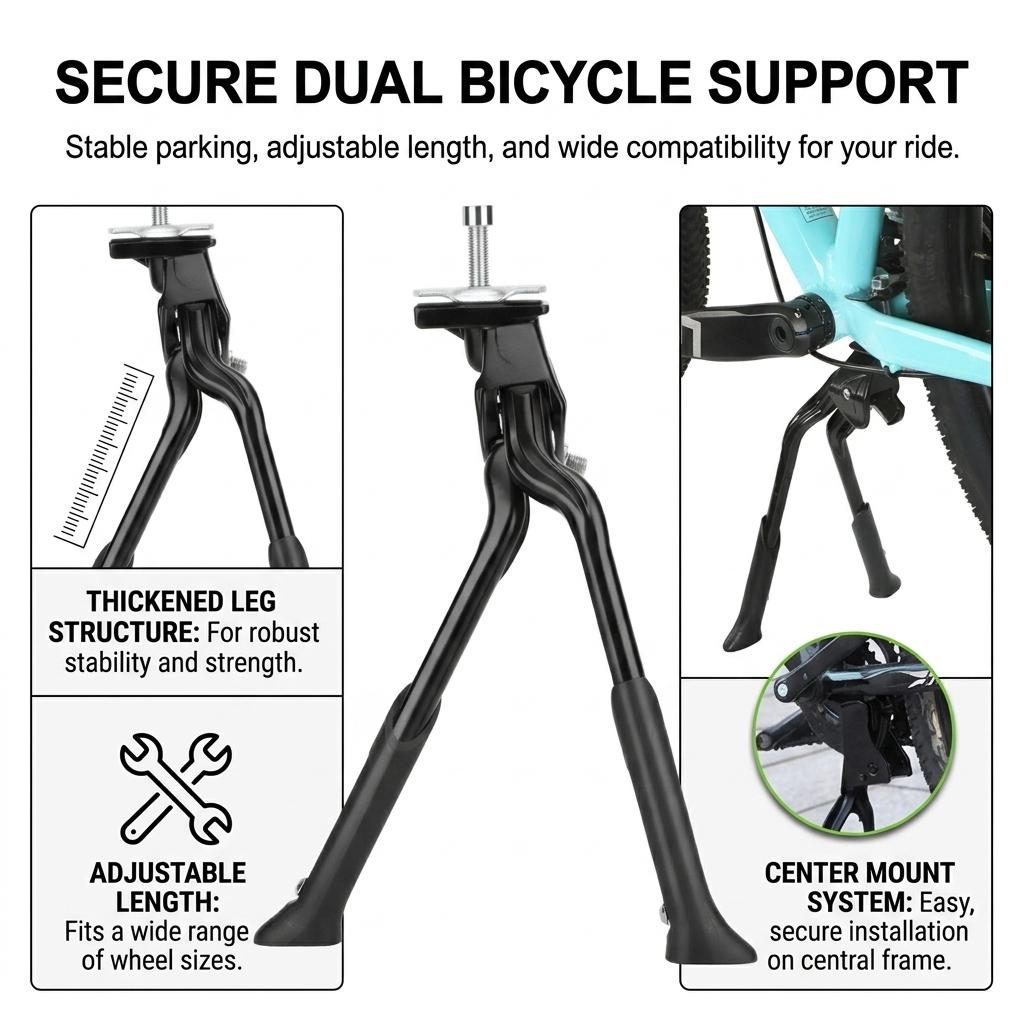 Adjustable Bike Kickstand Center Mount Bicycle Stand Dual Foldable Double Leg Length for 24"-29" Bicycle Kickstand