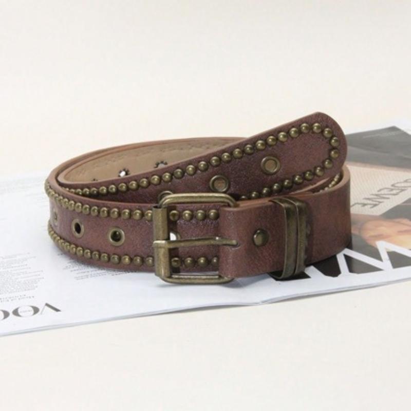Vintage Pu Leather Belt With Rivet Studs Hollowed-Out Design Perfect For Daily Wear Jeans Casual Outfits