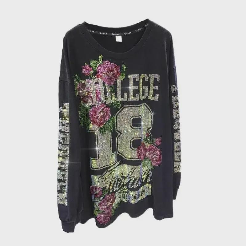 739# Women's Rhinestone Sweatshirt - Heavy Duty, Slimming Long Sleeve, Light Luxury, Fashionable, Age-Reducing Top