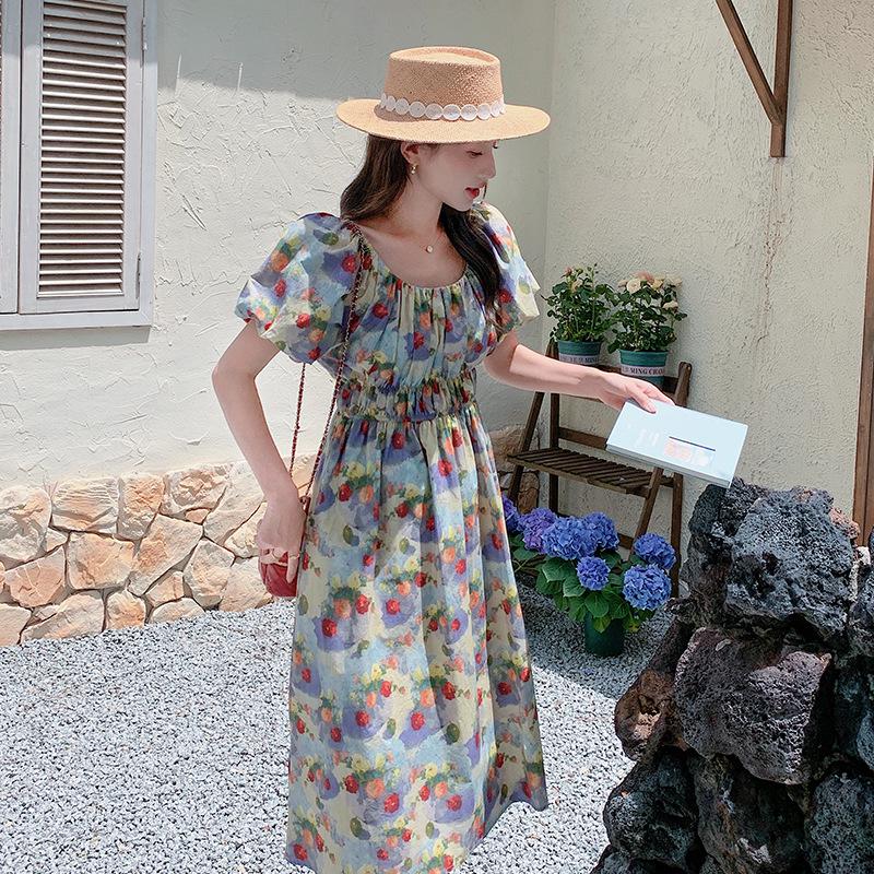French Retro Floral Puff Sleeve Dress - Summer 2025 Waist-Slimming Holiday Beach Style