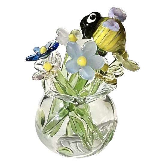 Miniature Glass Flower Figurine Small Hand Blown Faux Crystal Flower Bouquet in Vase