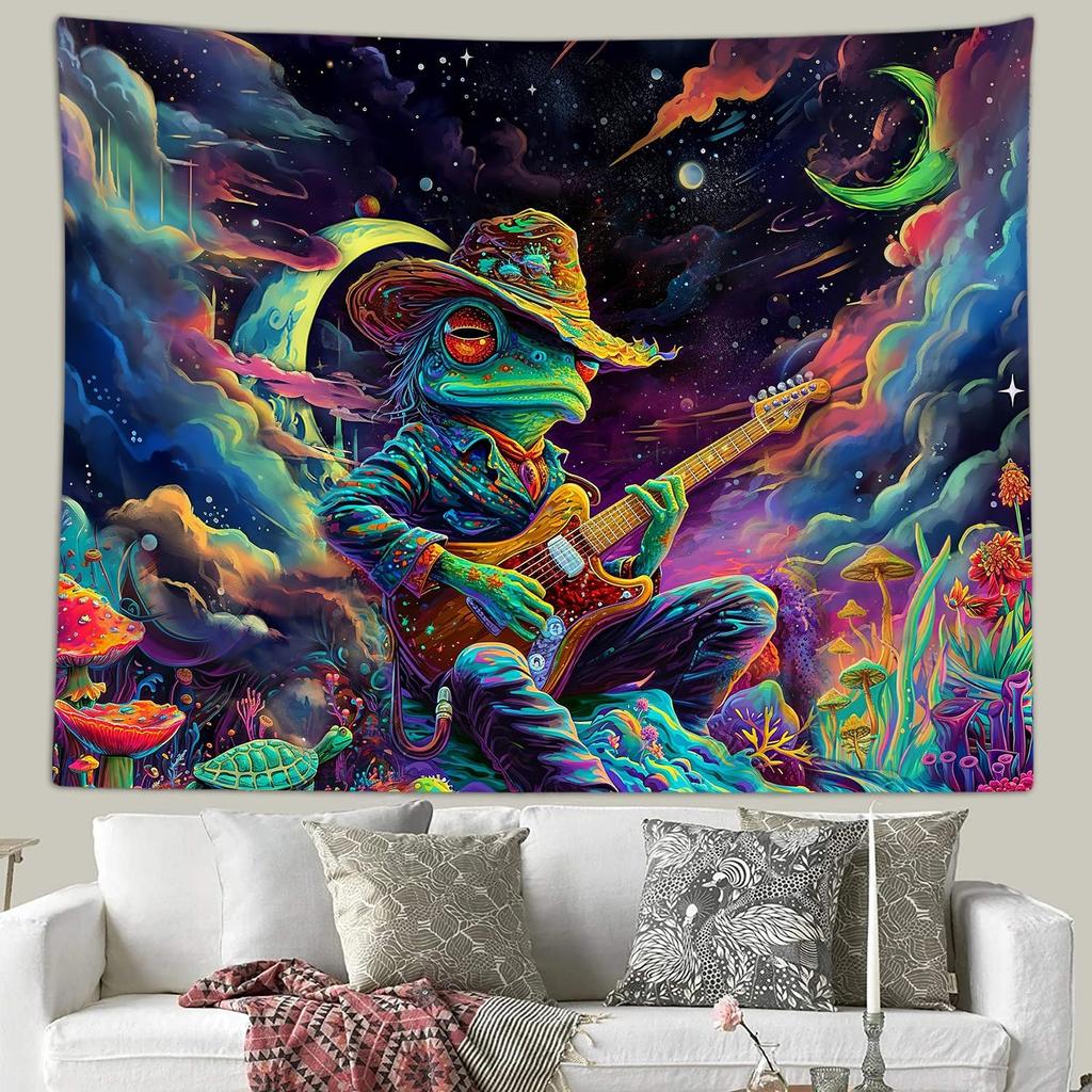 Funny Space Frog Mushroom Tapestry for Men Guys Bedroom Cool Trippy Universe Planet Ocean Art Tapestries Wall Hanging College
