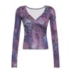 French Romantic Purple V-Neck Pleated Waist Retro Top with Long Sleeves