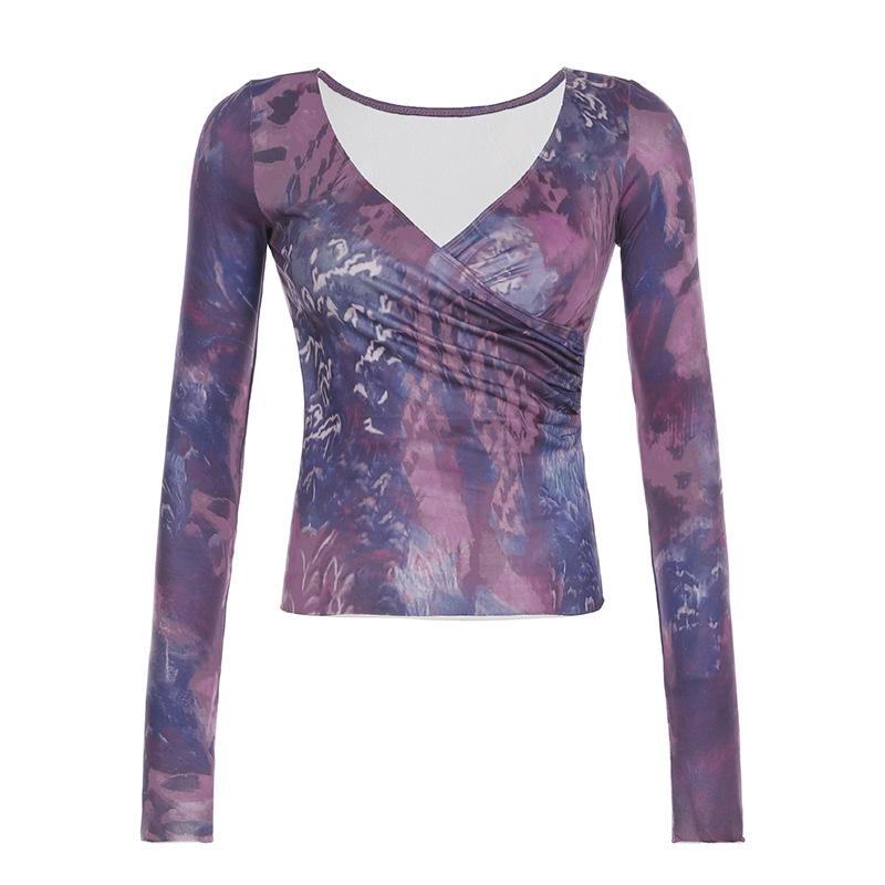 French Romantic Purple V-Neck Pleated Waist Retro Top with Long Sleeves