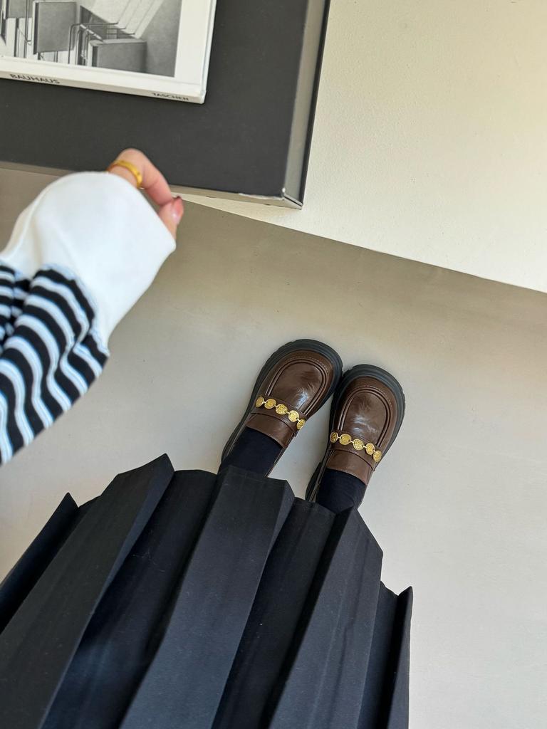 Spring new loafers women's small gold coins with retro British style small leather shoes women's versatile women's shoes