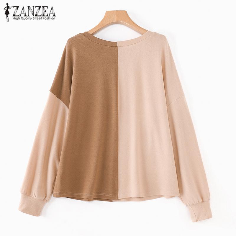 ZANZEA Women Casual Round Neck Long Sleeve Colorblock Knitted T-Shirts