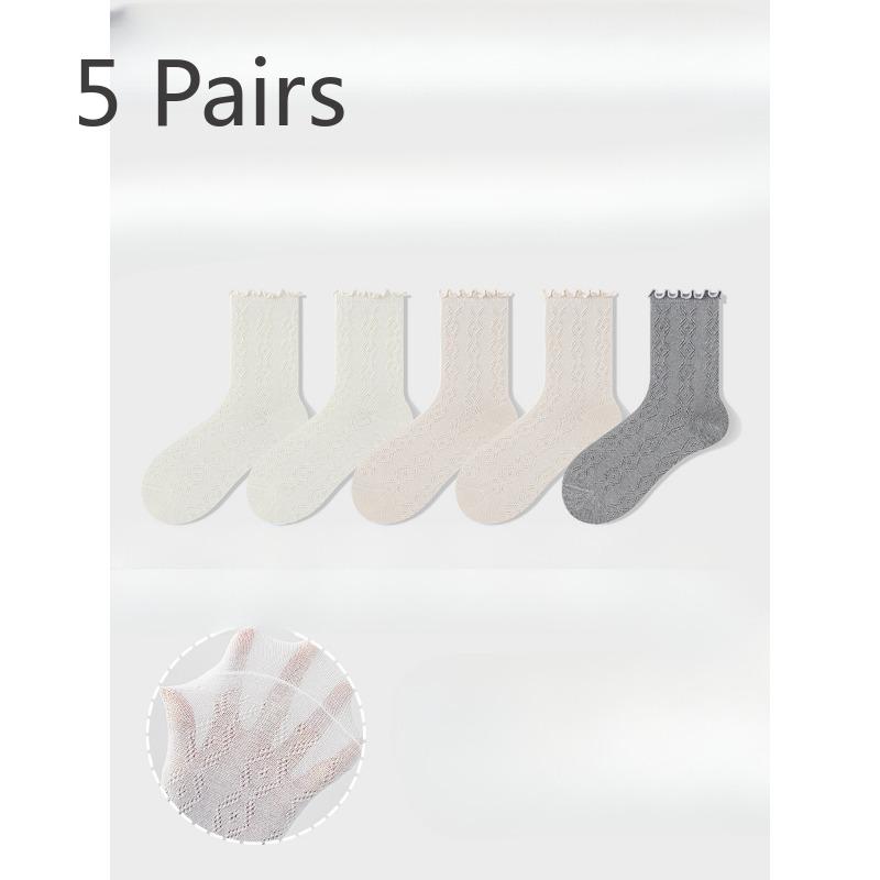 5 Pairs of Women's Summer Thin Style All Kinds of Mesh Hollow Wooden Ear Side Tube Stack Socks