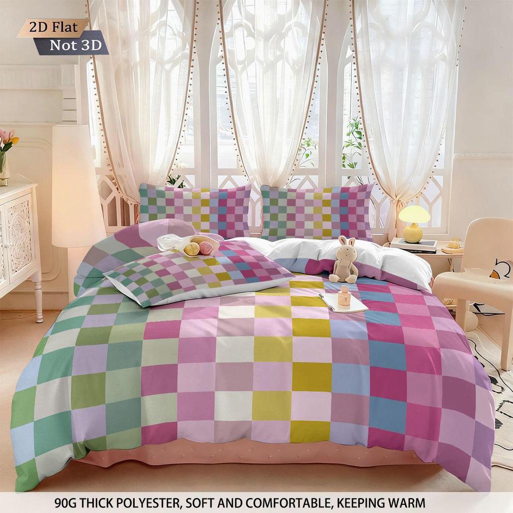 Geometric Colorful Checkerboard 3D Printed Brushed Duvet Cover Set