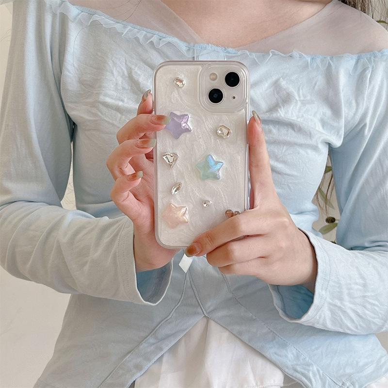 Small Fresh Ins Style Mobile Phone Case for Apple 17Pro Colorful Five-Pointed Star for IPhone16 Rhinestone Gemstone Precision Hole
