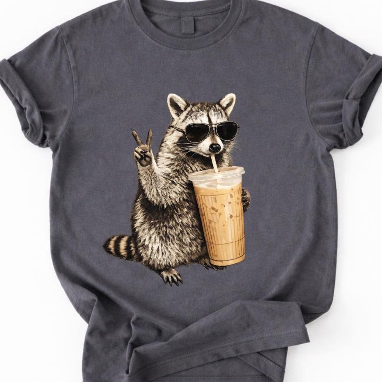 Funny Raccoon Shirt, Drinking Iced Coffee Shirt, Comfort Color Raccoon Shirt, Raccoon Coffe Shirt, Funny Animal Shirt, Gift for him Shirt 4XL