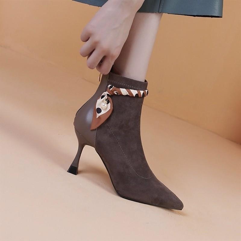 

Женские короткие ботильоны с острым носком на высоком тонком каблуке, осенне-зимние из мягкой кожи, в британском стиле, ботинки Мартин, эластичные тонкие ботильоны, ботильоны из мягкой кожи 39