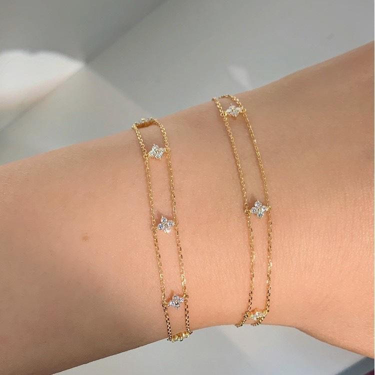 Twin Flowers S925 Silver Double-Layer Four-Leaf Zircon Bracelet - Exquisite & Elegant Gift for Girls