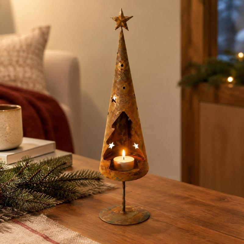 Rust Design Iron Candle Display in a Christmas Tree Shape with Star Detail and Aged Finish for Holiday Dinners and Living Room