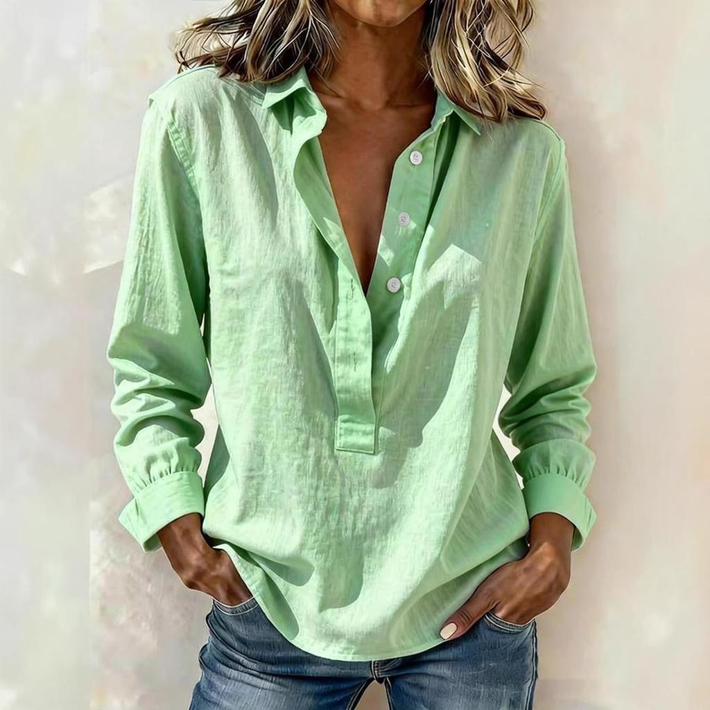 Women Casual Long Sleeve Lapel Button Front Blouse Solid Color Loose Fit Shirt for Daily Wear