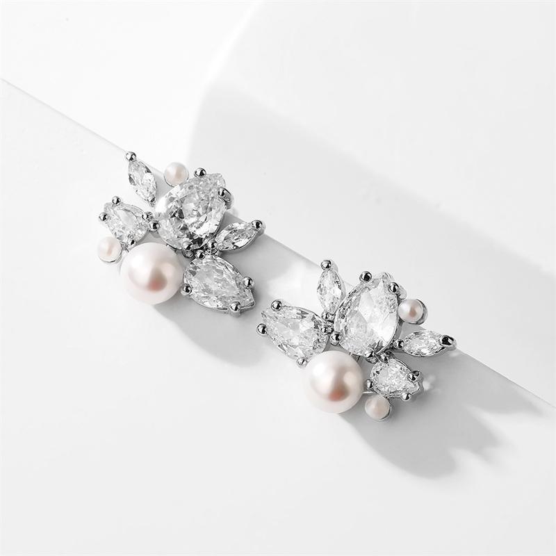 ZAKOL Elegant White Imitation Pearls Flower Stud Earrings for Women Shiny Water Drop Zirconia Bridal Earring Wedding Jewelry