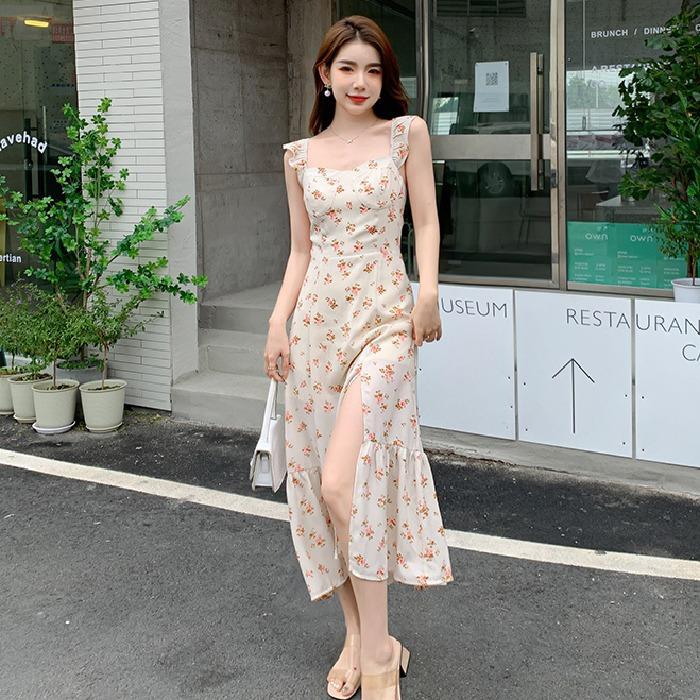 Dress 2026 New Women's Summer French Retro Waist Temperament Floral Split Suspender Skirt Fashion Temperament
