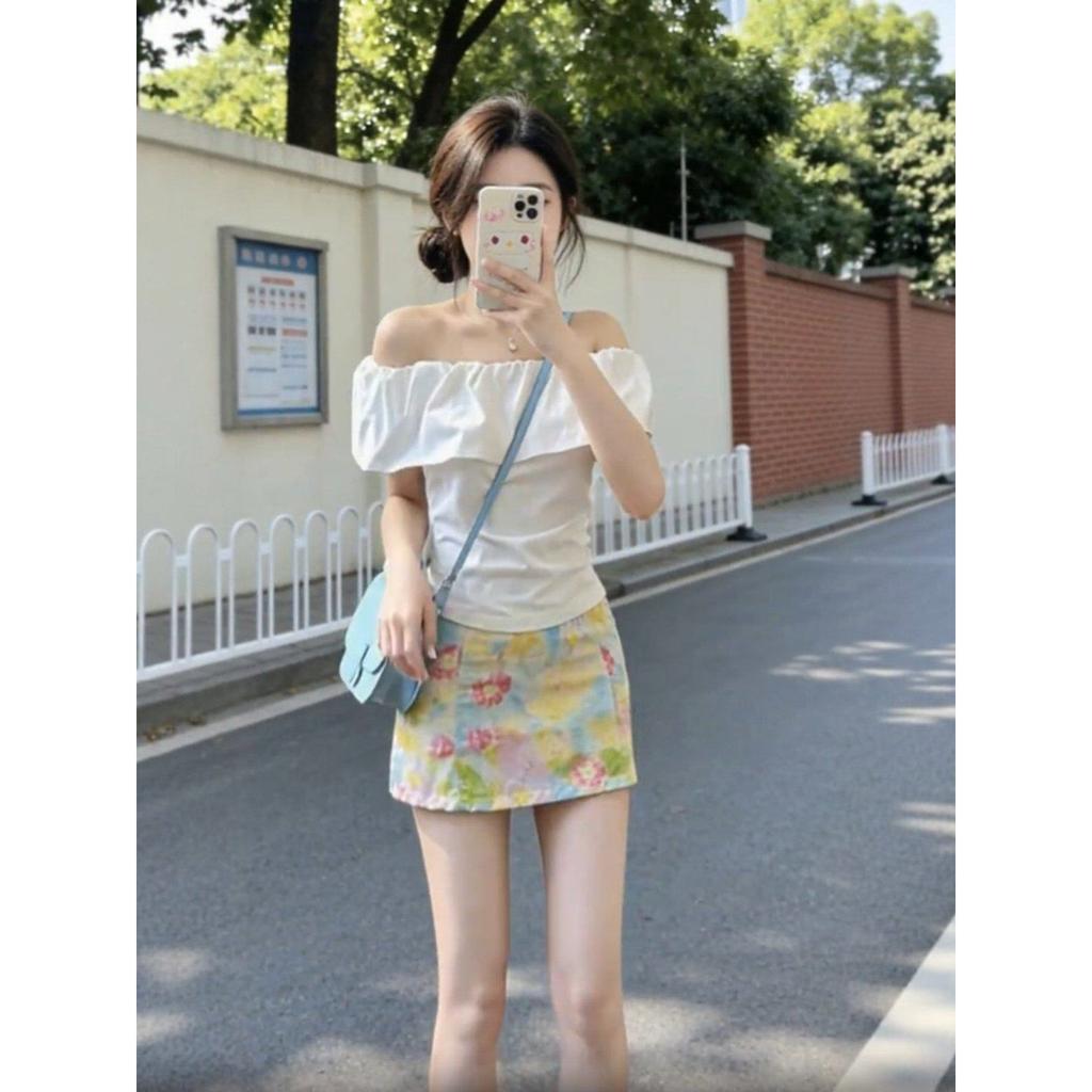 French White One-word Neck Off-the-shoulder Slim-fit Shirt Top, Women's Summer Sweet and Spicy Beautiful Wear, and a Whole Set of Skirts
