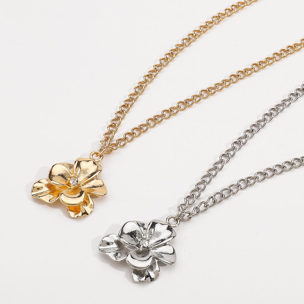 Women French Minimalist Design Metal Flower Stud Earrings Elegant Double Layer Flower Rhinestone Necklace Ring Jewelry