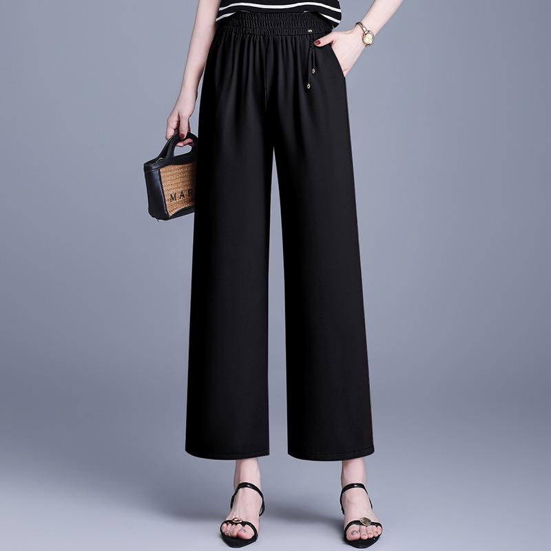 

Women s High-Waisted Wide-Leg Summer Pants - Thin Ice Silk, Nine-Point Length, Straight Leg, Loose Fit for Middle-Aged & Elderly 4XL (140-160 lbs) чорний