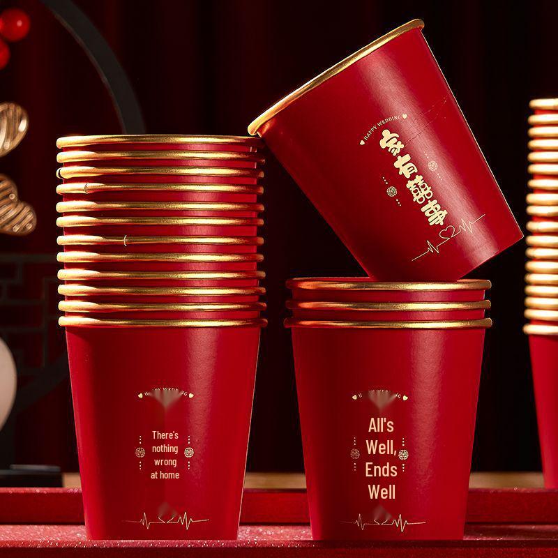 Luxurious Gold Thickened Disposable Wedding Cups - Elegant Red Tea Cups for Banquets & Household Use
