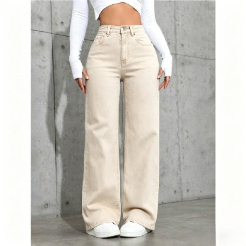 Plus Size Light Blue Denim Jeans Women High Waist Straight Leg Loose Fit Casual Trousers