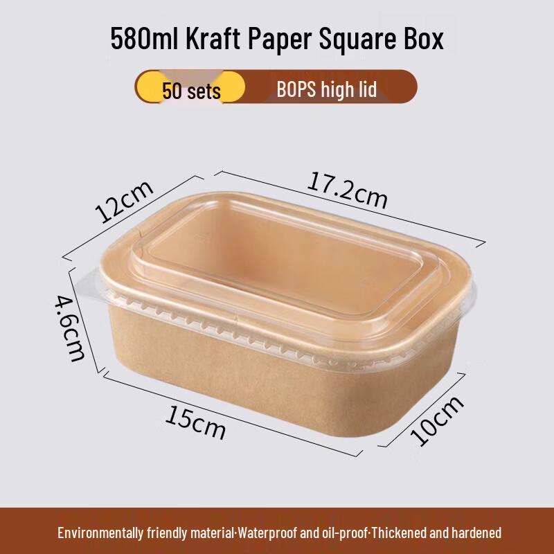Ally 580ml Kraft Paper Square Disposable Lunch Boxes with Clear Lids (50 Sets)