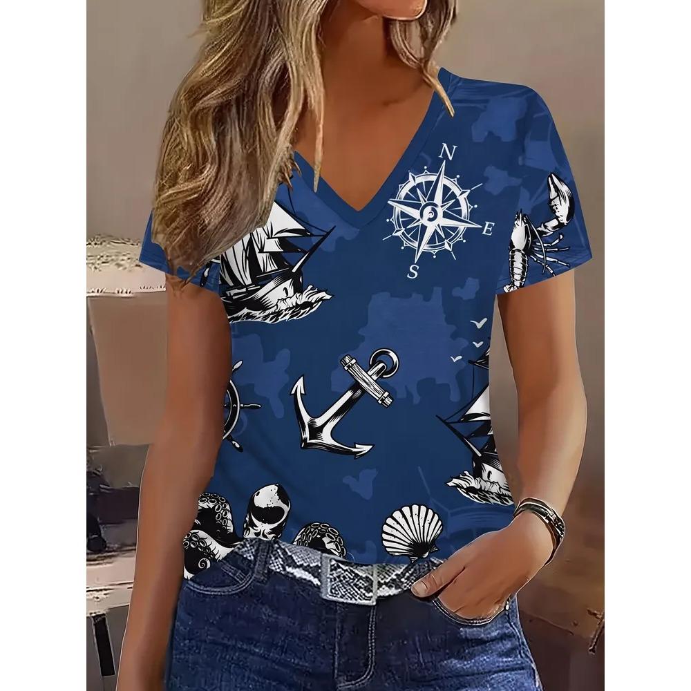 Creative Colorful Stripe Pattern Summer Soft Fashionable Comfortable Women's T-Shirts Casual Breathable Loose V-Neck Short-Sleeve T-Shirt