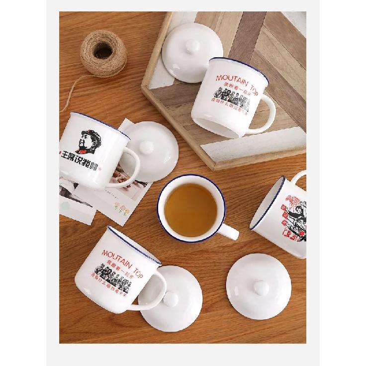 Ceramic Cup with Lid, Creative Imitation Enamel Mug, China Mao Zedong, Office Drinking Glass, Classic Nostalgic, 370ml