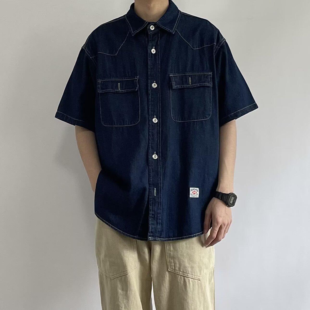 

Японский ретро модный бренд летняя свободная джинсовая рубашка с короткими рукавами художественная молодежная рабочая рубашка мужская и женская многослойная куртка 2XL темно-синий