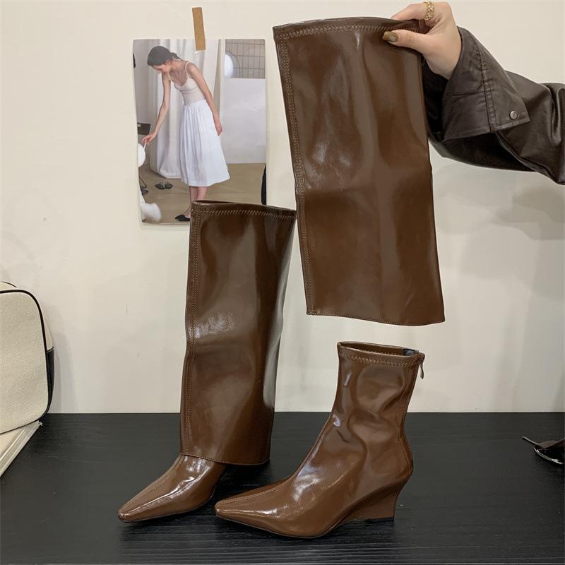 

Остроносый скошенный каблук нишевый увеличивающий рост американские западные сапоги сапоги-трубы жареный стрит высокие трубы, но ботфорты женские 39 коричневый