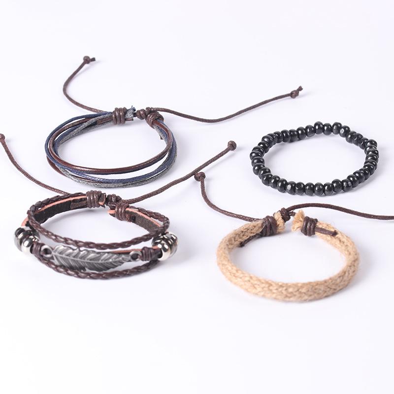 Vintage Multi-Layer Wax Rope Bracelet with Metal Leaf Charm