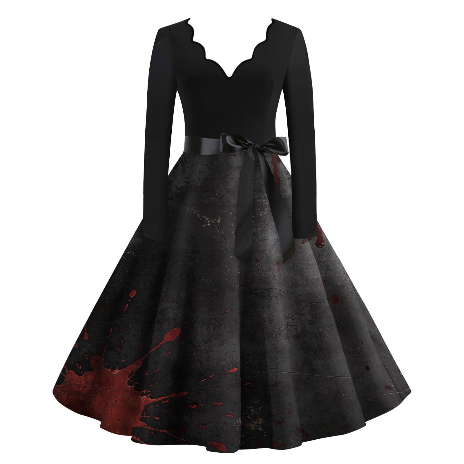 Women s Casual V-Neck Long Sleeve Halloween Print Dress XXXL
