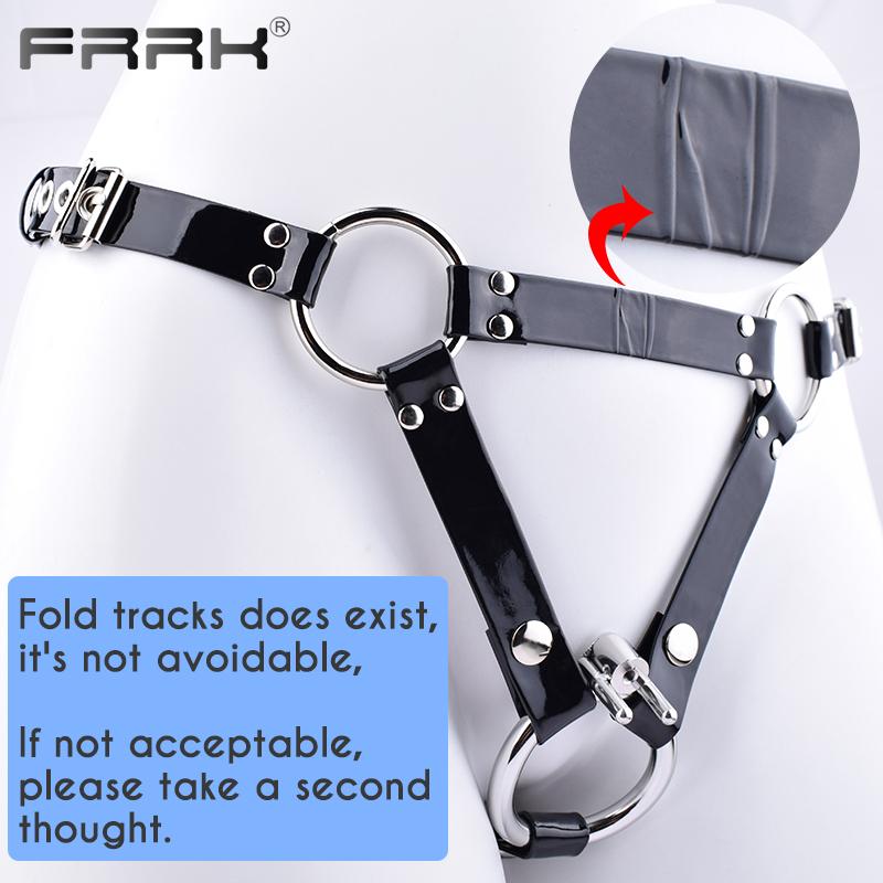 FRRK PU pásový postroj pro hráče BDSM Metal Chastity Cage v různých velikostech Sexy dospělí Intimní produkty Sexuální hračky Bondage