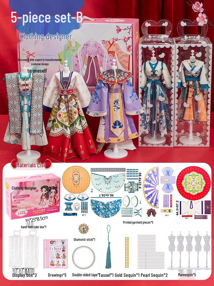 Children's DIY Fashion Design Hanfu Doll Set - Birthday Gift for Girls Ages 6-10, Features 7 Chinese Style Dress-Up Options