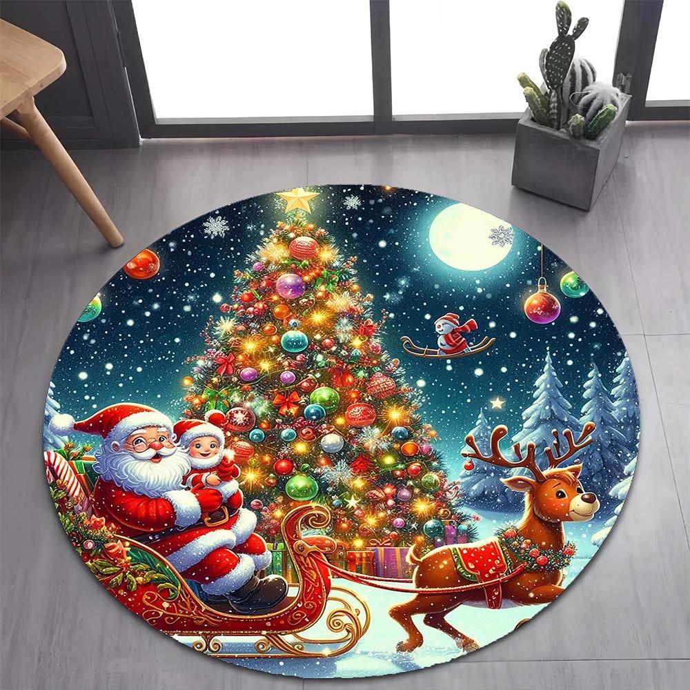 Christmas Night Round Carpet Mat Santa Reindeer Sleigh Pattern Rug Soft Home Decoration for Holiday Party Living Room Decor