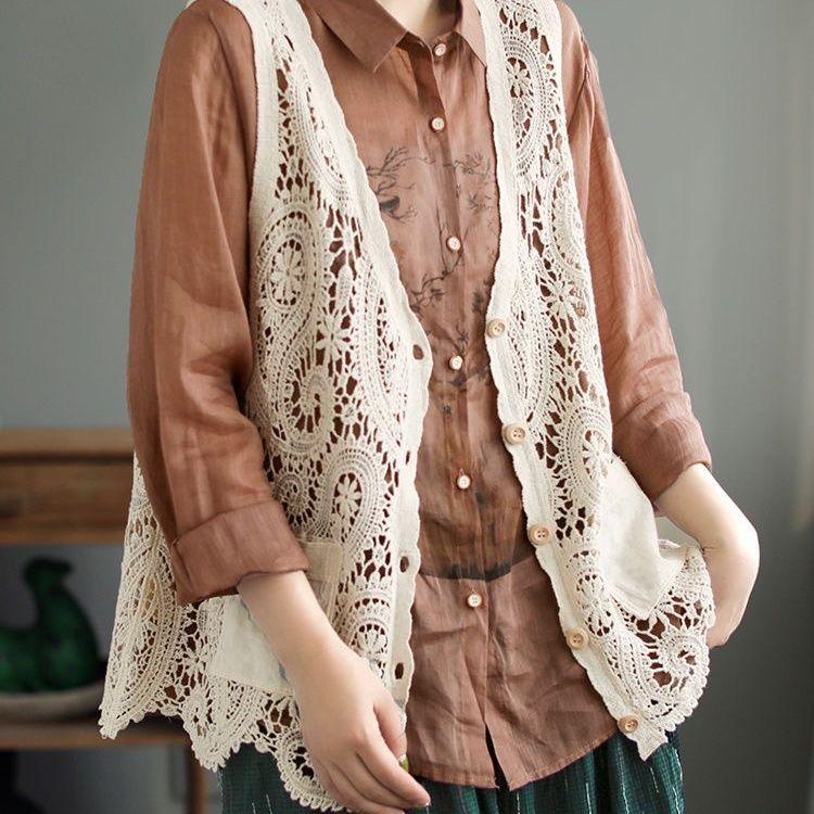 Bohemian Cotton Lace Cardigan Vest with Pockets and V-Neck