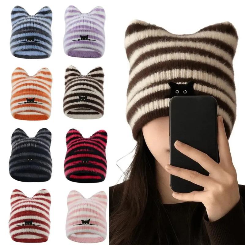 Fashion Keep Warm Women Cat Ear Knitted Hat Windproof Cold Proof Pullover Hat Thickned Embroidered Hat Outdoor Sports