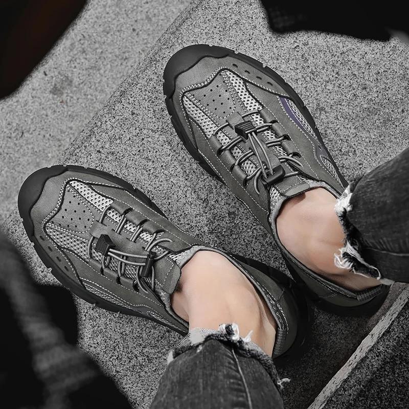 Mode Herren Leder Freizeitschuhe Mesh Atmungsaktiv Urlaub Strandschuhe Rutschfest Stoßdämpfend Wanderschuhe Modischer Herren Sportschuh