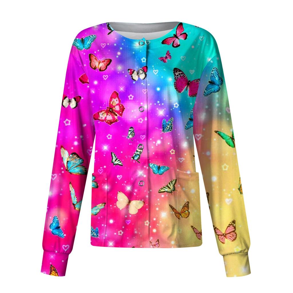 Women Long Sleeve  Print Pattern Pocket Working Stand-up Collar Single-breasted Protective Overalls Cardigan Jacket Top