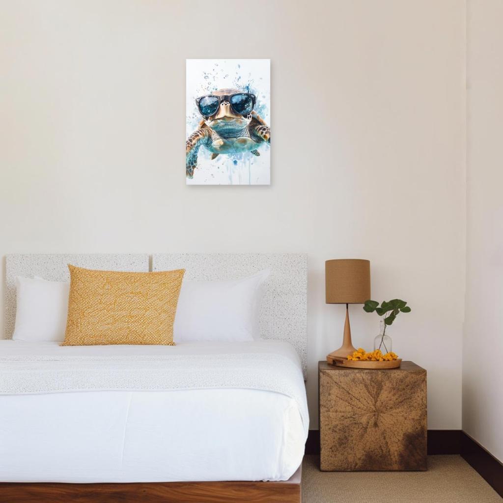 YMXZHUANSH Sea Turtle Canvas Wall Art for Bathroom Turtles with Glasses Pictures Funny Turtle Painting for Home Decor Unframed(White 12.00" x 18.00")