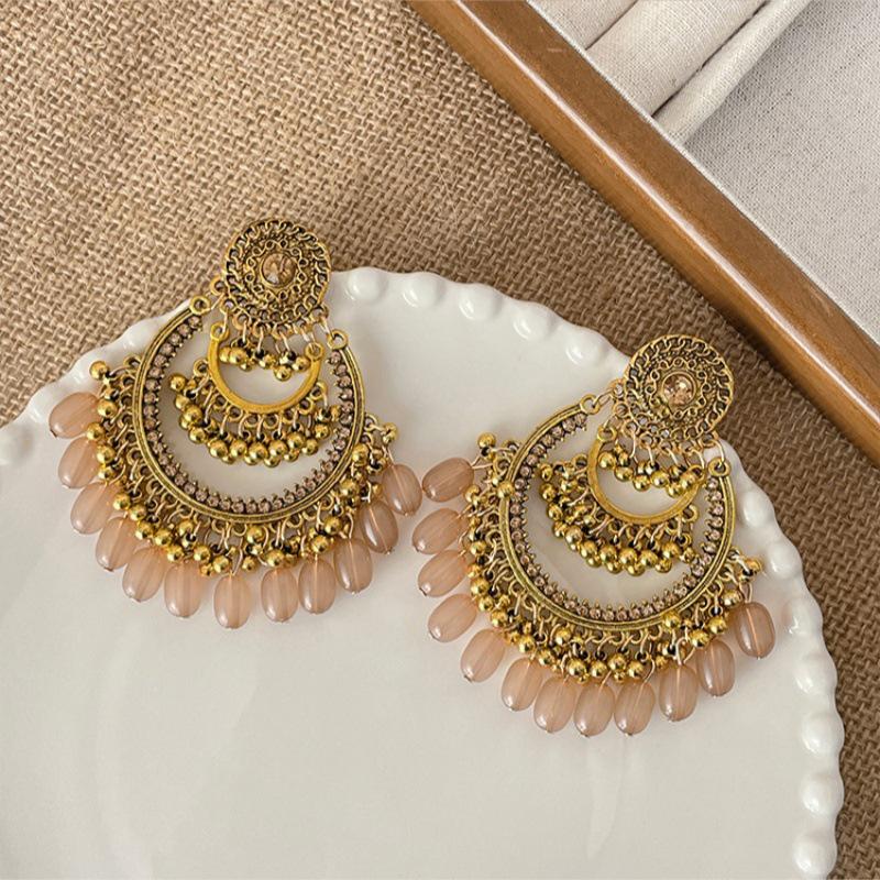 Silver Needle Diamond-Inlaid Acrylic Tassel Earrings: Luxurious Ethnic Style Studs for Women