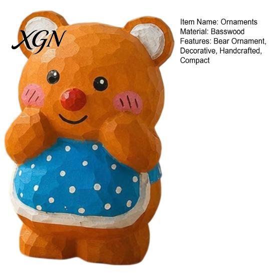 Cute Bear Desktop Decoration Hand-Carved Basswood Ornament, Apron Wood Decorative Figurine, Car Interior Accessory Statue for Shelf And Home