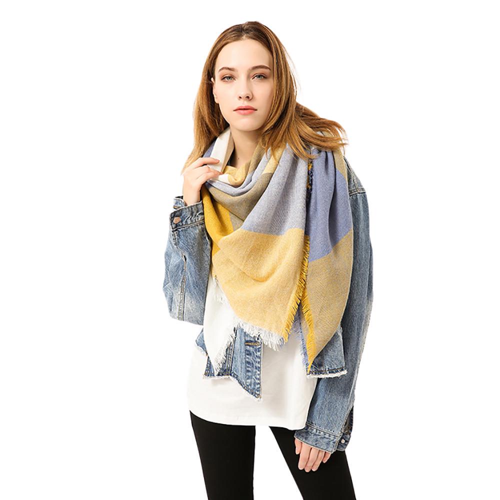Buy Women Winter Warm Color Stitching Long Wool Shawl Plaid Soft Neck ...